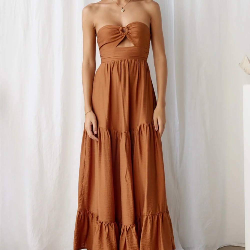 Brown Strapless Tiered Sundress Resort Wear